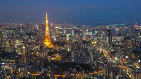 4K Day to Night Timelapse of Aerial view Tokyo Tower cityscape in Japan Stock Footage