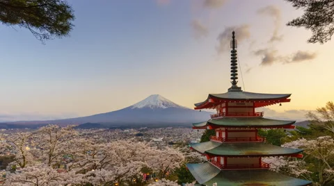 4K Day to night timelapse of Mt. Fuji with Chureito Pagoda in spring,  Japan Stock Footage