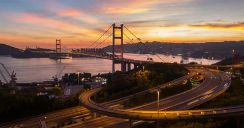 4K  Day to Night Timelapse of Tsing Ma Bridge, Hong Kong Stock Footage 64857734