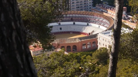 4k daylight selective focus high angle static shot of a traditional bullring Stock Footage 123898933