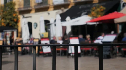 4k daylight selective focus static shot of restaurant and cafe terraces on a Stock Footage 124138337