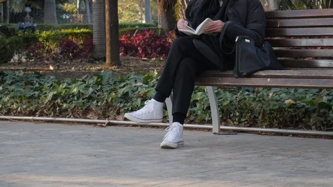 4k daylight static shot of a middle aged woman reading a book on a park bench Stock Footage 123464342