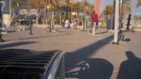 4k daylight static shot selective focus of public outdoor sports installations Stock Footage 123469849