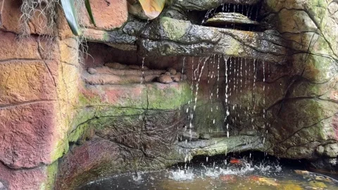 4K Decorative Garden Waterfall with Koi Fish Pond Tranquil Water Feature Stock Footage 340473359