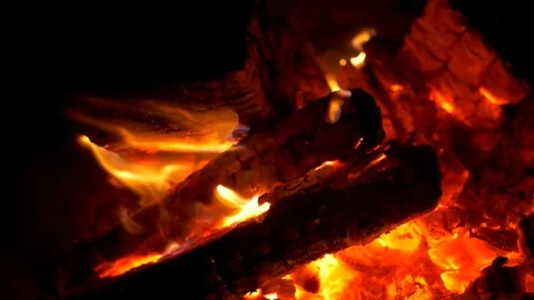 4K Deep Red Fire Flames, Hot Burn Campfire Embers, Bright Glow Energy Stock Footage