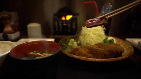 4K Delicious fried crispy beef Gyukatsu with Miso. Japanese food restaurant-Dan Stock Footage 81423017