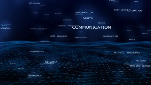 4k Digital blue Wave of particles dance motion on wave and light.ai word cloud. Stock Footage 127817652