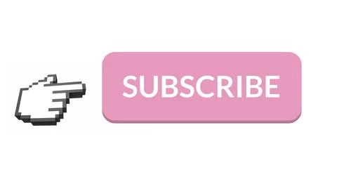 4K digital image of a pink subscribe button with animated hand icon on white. Stock Photos