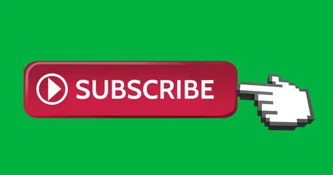 4K digital image of a red subscribe button with moving hand icon on green. Stock Photos
