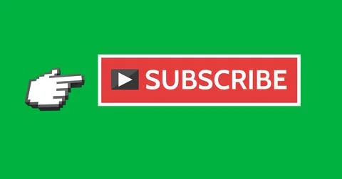 4K digital image of a red subscribe button with moving hand icon on green. Stock Photos
