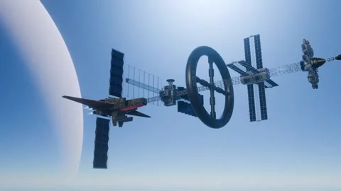 4K Digital Rendering of Orbital Space Station with Rotating Rings Видео 339269270