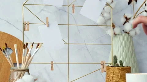 4k TO DO list cards and posters mock ups on grid board. Woman creating mood Stock Footage 159779441