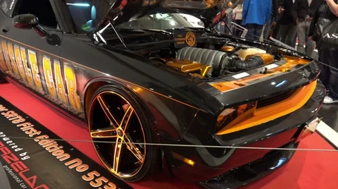 4k Dodge Challenger SRT8 Super Bee muscle car motorshow Stock Footage 44638214