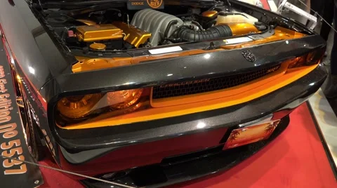 4k Dodge Challenger SRT8 Super Bee muscle car motor tilt Stock Footage 44643809