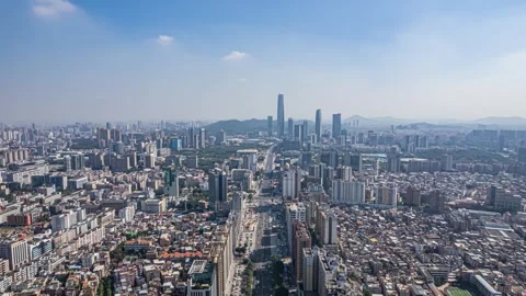 4K Dongguan New First-tier City CBD Wide-angle Aerial Time-lapse Vídeo Stock 344091103