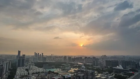 4K Dongguan New First-tier City Skyline Sunset Aerial Time-lapse Vídeo Stock 344091116
