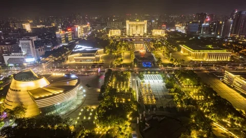 4K Dongguan New First-tier City Municipal Plaza Night Traffic Aerial Time-lapse Vídeo Stock 344091118