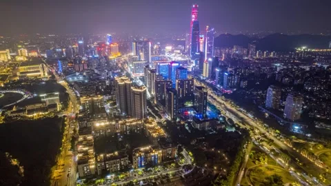 4K Dongguan Night Architecture CBD Aerial Time-lapse Видео 344091121
