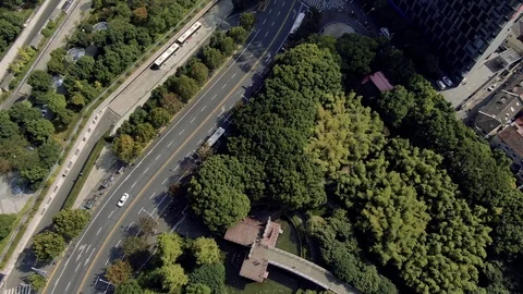 4K down drone view of park in Shanghai, China, with road and cars 動画素材 105487077