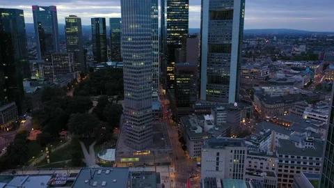 4K Downhill Flight through Frankfurt am Main, Germany Skyline New Skyscrapers Stock Footage 256625817