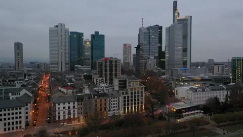 4K Downhill Flight through Frankfurt am Main, Germany Skyline New Skyscrapers Stock Footage 259296732