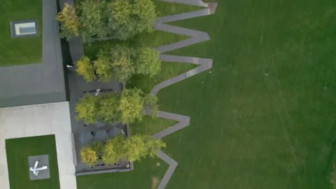 4K Downward Aerial View Of Zig Zag Sidewalk At Walker Art Center Minneapolis Stock Footage 225648087