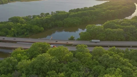 4K Downward Side Scrolling Drone Shot Of 169 Bridge Across Minnesota River Stock Footage 278381064