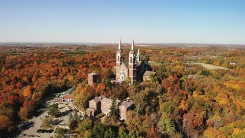 4K Drone Aerial Holy Hill Church Basilica Wisconsin in Fall Stock Footage