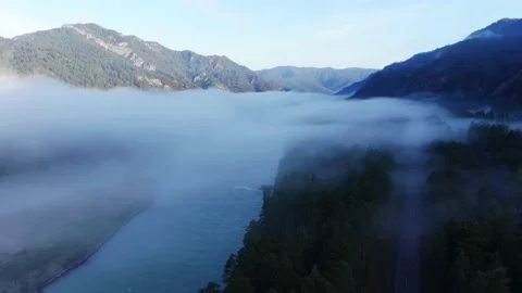 4k drone Aerial - Low clouds on the forest and river in Altai Mountains Stock Footage 202106942