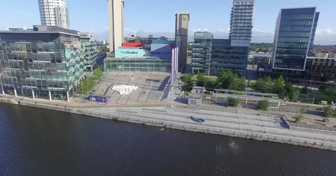 4k - Drone / Aerial - Media City Salford Quays High Wide Stock Footage
