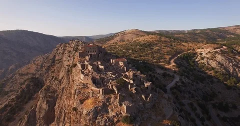 4K Drone Aerial of mountain ghost town, Greece Stock Footage 125595629