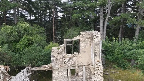4K Drone Aerial Pullback Shot of Old Abandoned Stone Ruins in Pine Forest Stock Footage 340545844