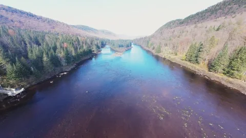 4K drone aerial video of river and forest under sunlight in Quebec, Canada Stock Footage 318989622
