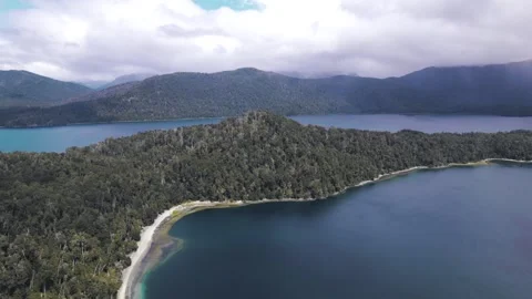 4K drone aerial view of Lake Espejo in Neuquén, Argentina. Crystal-clear waters Stock Footage 346288149