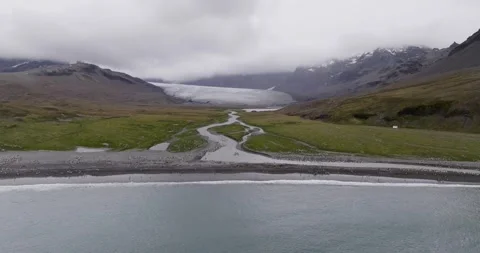 4K Drone Aerial View of Remote Glacier Valley and Coastline in South Georgia Stock Footage 316455814