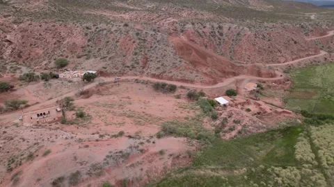 4K drone aerial view of the road through La Poma, Salta, Argentina. Scenic Stockbeeldmateriaal 341665547