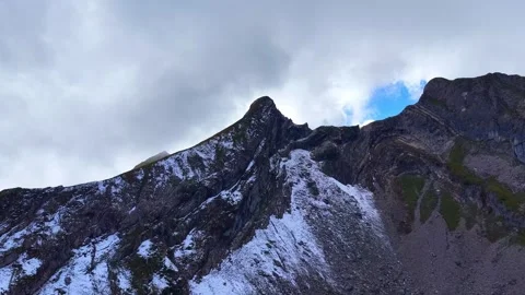 4K Drone Approaching Snowy Alpine Summit and Rocky Ridge Stock Footage 330241595
