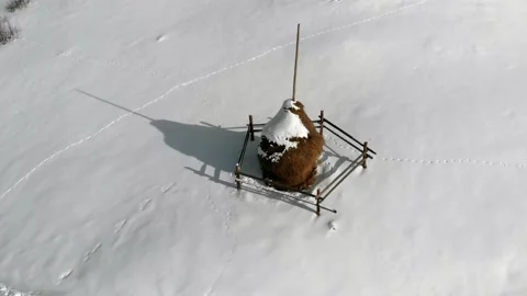 4k drone around flight above alone snow covered haystack- winter on the snow Stock Footage 221147021