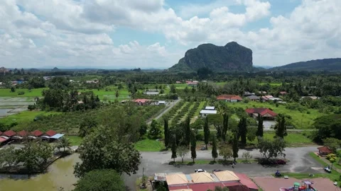 4K Drone Ascent Over Rice Fields and Houses Towards Mountain in Perlis, Malaysia 動画素材 314040766