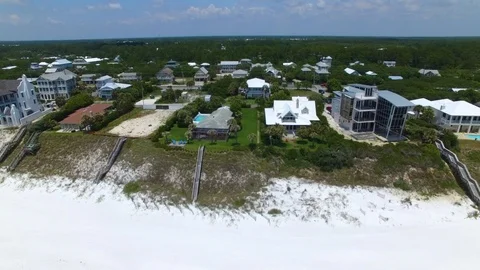 4K Drone Backing Up From Small Beach Town to Ocean Stock-Footage 109229876
