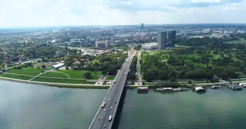4K drone Belgrade city Serbia, river Danube, bridge, New Belgrade, urban Stock Footage