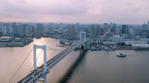 4k drone - Capital city of Tokyo skyline & Rainbow Bridge at sunset.  Japan. Stock Footage