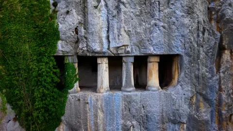 4K Drone Close-Up Approach to Ancient Rock Tomb Stock-Footage 336561433