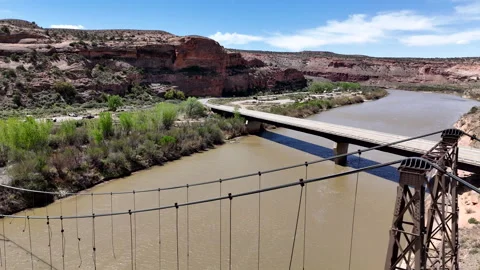 4K Drone Comparing the Dueling Dewey Bridges Over the Colorado River Video stock 313511327