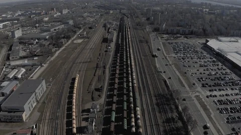 4K Drone flight over Railways, Train rail road in European City Stock Footage 120397023