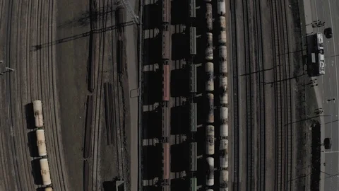 4K Drone flight over Railways, Train rail road in European City Stock Footage 120397267