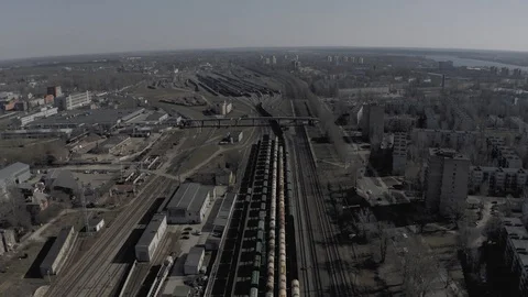 4K Drone flight over Railways, Train rail road in European City Stock Footage 120397449