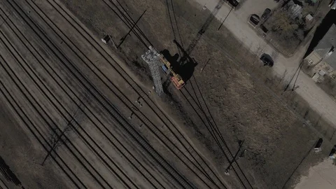 4K Drone flight over Railways, Train rail road in European City Stock Footage 120397550