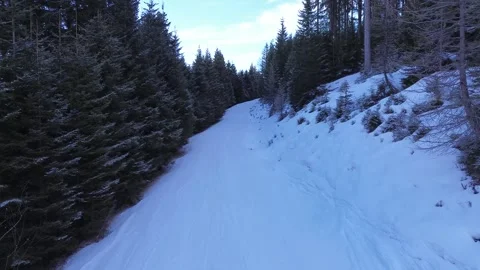 4K Drone Flight Over Ski Trail Between Snowy Forests in Bad Gastein, Austria Stock Footage 312687715
