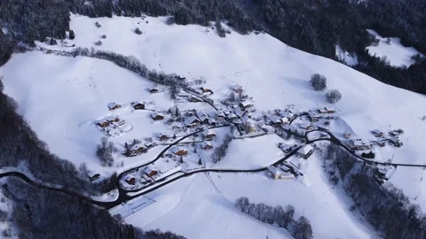 4k Drone Flight over the skiing resort village. Aerial Winter Landscape in Alpes Stock Footage 194568496